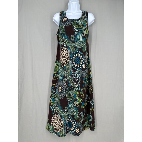 Y2K Vintage Dress Womens Medium Brown Paisley Midi Boho Bohemian 90s Psychedelic - Picture 1 of 9
